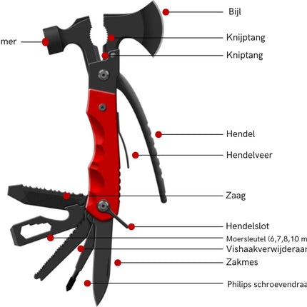 MONOO - 17-in-1 Outdoor Multitool - Bijl - Zaag - Hamer - Schroevendraaier - Zwart/Rood