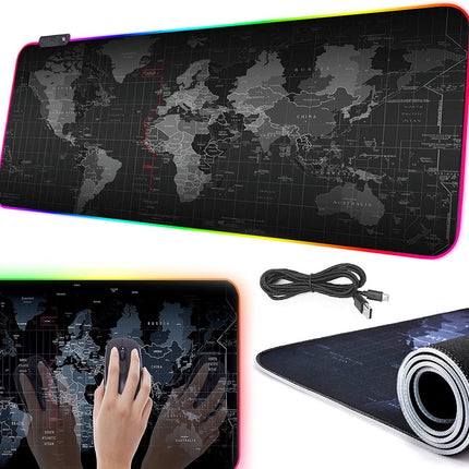 Gaming Muismat XXL - RGB LED Verlichting - Anti-Slip - Wereldkaart - 80x30 cm