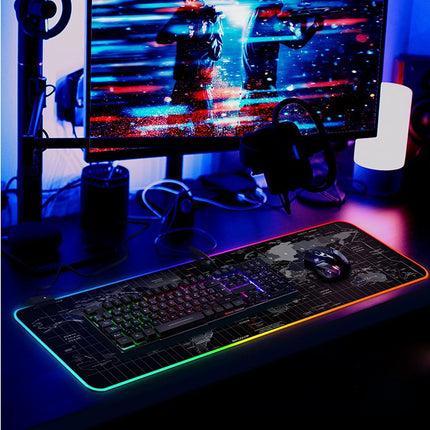 Gaming Muismat XXL - RGB LED Verlichting - Anti-Slip - Wereldkaart - 80x30 cm