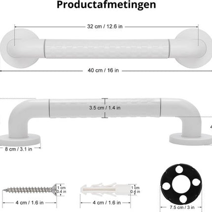Wandbeugel - Wit - Fluorescerend - Extra Grip - 40 cm - Handgreep / Wandgreep Badkamer / Douche / Toilet - Toiletbeugel - Badgreep - Douchegreep - Non-Slip Grab Bar - Keuken - Trap - Handgreep Keukenkastjes - Veiligheidsgreep - Inclusief Schroeven