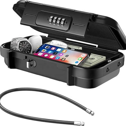 Draagbare Safe Box - Mini Kluis met 4-Cijferig Codeslot - Veiligheidsbox voor Telefoon Sleutels Geld & Waardevolle Spullen - Inclusief Staalkabel - Shockproof ABS Behuizing - Reiskluis voor Auto Thuis Vakantie & Sportschool