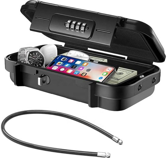 Draagbare Safe Box - Mini Kluis met 4-Cijferig Codeslot - Veiligheidsbox voor Telefoon Sleutels Geld & Waardevolle Spullen - Inclusief Staalkabel - Shockproof ABS Behuizing - Reiskluis voor Auto Thuis Vakantie & Sportschool