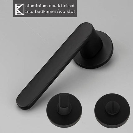 Deurklink - Rond Rozet - Mat Zwart - Inclusief Badkamer/WC-Slot - Compleet Deurbeslag met Bevestigingsmateriaal