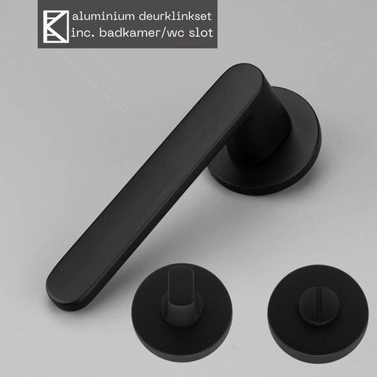 Deurklink - Rond Rozet - Mat Zwart - Inclusief Badkamer/WC-Slot - Compleet Deurbeslag met Bevestigingsmateriaal