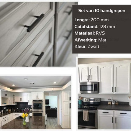 Handgreep Zwart - Set van 10 - Metaal - RVS - 128mm Hartafstand - Handvat voor Kast, Keukenkast, Lade en Meubels - Vierkant Moderne Greep Inclusief Schroeven - Keukengreep - Meubelgreep - Kastgreep