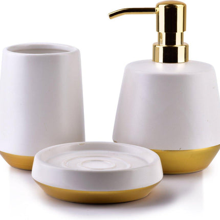 Badkameraccessoire set - Zeepdispenser, Zeephouder, Beker - Keramiek - Wit Goud - TEKZEN