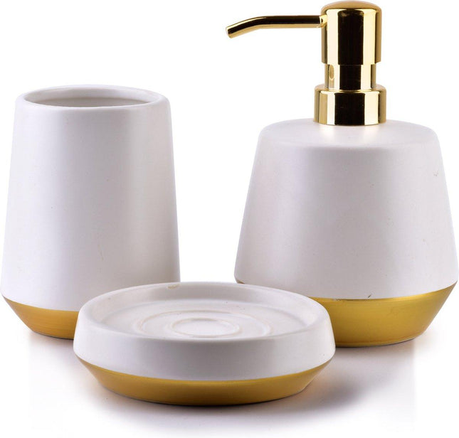 Badkameraccessoire set - Zeepdispenser, Zeephouder, Beker - Keramiek - Wit Goud - TEKZEN