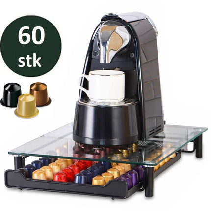 Glazen Capsule Houder met Lade - 60 Cups - Espresso Koffie Pad en Cups Houder - Glas en RVS - Zwart