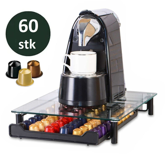 Glazen Capsule Houder met Lade - 60 Cups - Espresso Koffie Pad en Cups Houder - Glas en RVS - Zwart