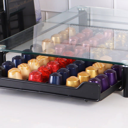 Glazen Capsule Houder met Lade - 60 Cups - Espresso Koffie Pad en Cups Houder - Glas en RVS - Zwart