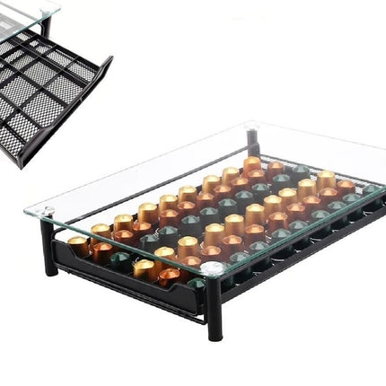 Glazen Capsule Houder met Lade - 60 Cups - Espresso Koffie Pad en Cups Houder - Glas en RVS - Zwart
