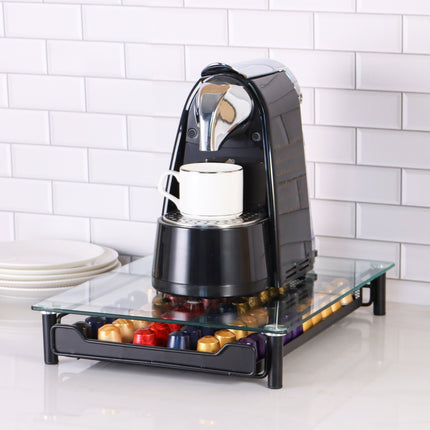 Glazen Capsule Houder met Lade - 60 Cups - Espresso Koffie Pad en Cups Houder - Glas en RVS - Zwart