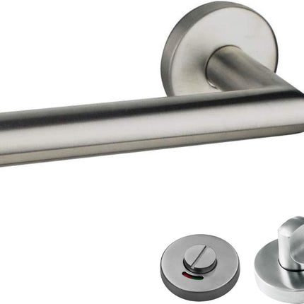 KAIA RVS Deurklink - Rond Rozet - Zilver - Met Badkamer/WC-Slot - Deurbeslag Set - Inclusief Bevestigingsmateriaal