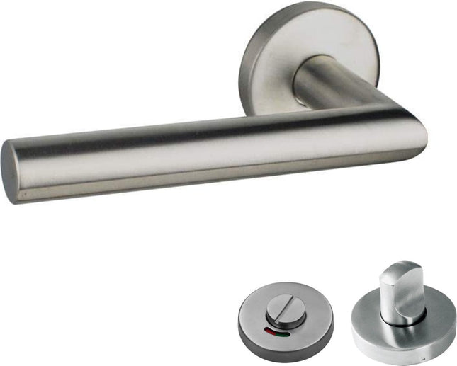 KAIA RVS Deurklink - Rond Rozet - Zilver - Met Badkamer/WC-Slot - Deurbeslag Set - Inclusief Bevestigingsmateriaal