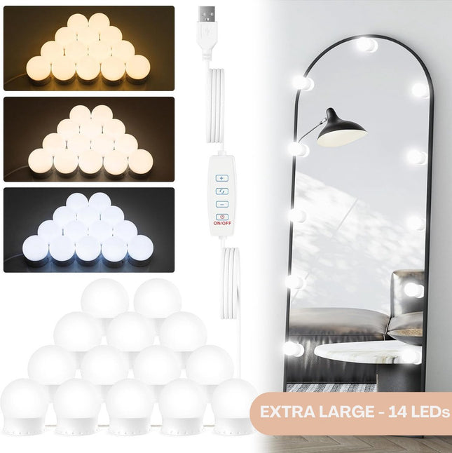 Hollywood Spiegellampen - Spiegelverlichting - Wit - Met 14 LED Lampen - USB-Aansluiting - Dimbare Make-Up Lamp - 3 Kleurtinten - 6 Meter Kabel