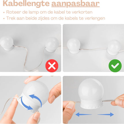 Hollywood Spiegellampen - Spiegelverlichting - Wit - Met 14 LED Lampen - USB-Aansluiting - Dimbare Make-Up Lamp - 3 Kleurtinten - 6 Meter Kabel