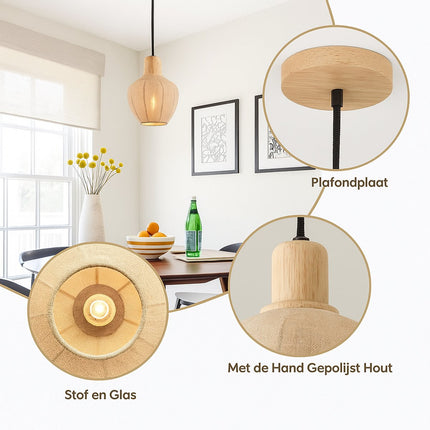 Kadirelli - Hanglamp – Plafonniere Plafondlamp – Japandi Hang Lamp – Beige – Slaapkamer Lamp – Hanglamp Eetkamer – Stof/Glas