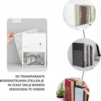 Transparante plexiglas boekensteunen in een set van zes, met boeken rechtop gehouden door de steunen.
