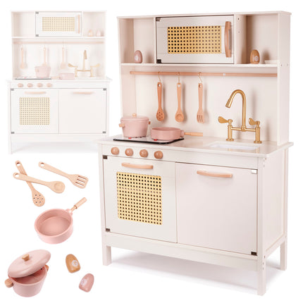 Holz Spielküche Rosa - Boho - Retro - Kinderküche inkl. 8 Spielzeugküchenzubehör - Luxuriös und Komplett - Premium