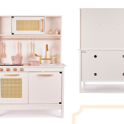 Holz Spielküche Rosa - Boho - Retro - Kinderküche inkl. 8 Spielzeugküchenzubehör - Luxuriös und Komplett - Premium