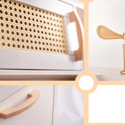 Holz Spielküche Rosa - Boho - Retro - Kinderküche inkl. 8 Spielzeugküchenzubehör - Luxuriös und Komplett - Premium