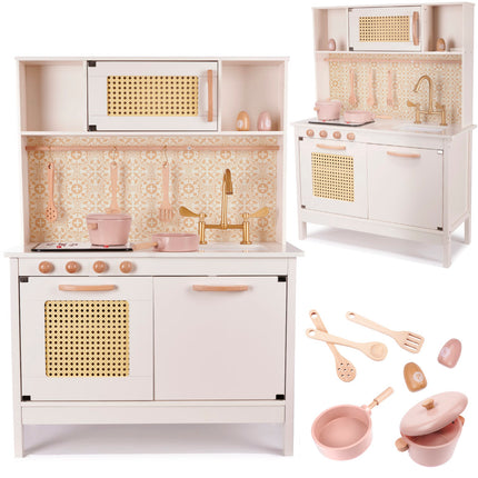 Holz Spielküche Rosa - Boho - Retro - Kinderküche inkl. 8 Spielzeugküchenzubehör - Luxuriös und Komplett - Premium