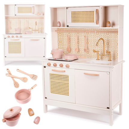 Holz Spielküche Rosa - Boho - Retro - Kinderküche inkl. 8 Spielzeugküchenzubehör - Luxuriös und Komplett - Premium
