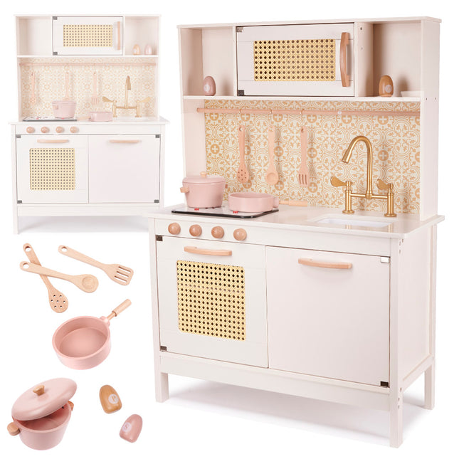 Speelkeuken Hout Roze - Boho - Retro - Kinderkeuken incl. 8 Speelgoed Keukenaccessoires - Luxe en Compleet - Premium