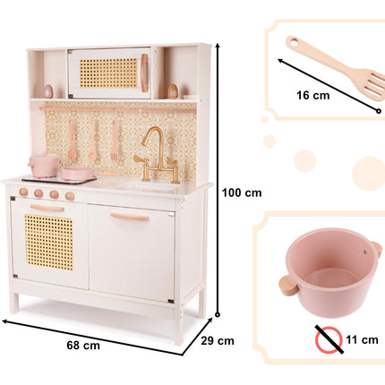 Spielküche aus Holz - Modern - Kinderküche inkl. 11 Spielzeugküchenzubehör - Luxuriös und Komplett - Premium