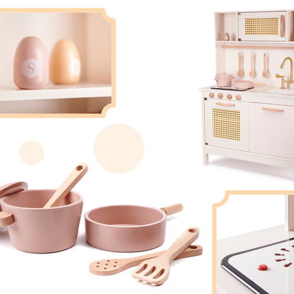 Holz Spielküche Rosa - Boho - Retro - Kinderküche inkl. 8 Spielzeugküchenzubehör - Luxuriös und Komplett - Premium