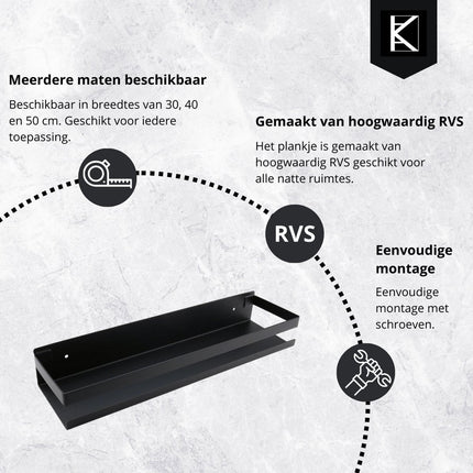 Doucherek Zwart - Douchemand - Badkamerrek - Rekje Voor In De Douche - Badkamer Plank - Shampoo Rekje - RVS - Rechthoekig