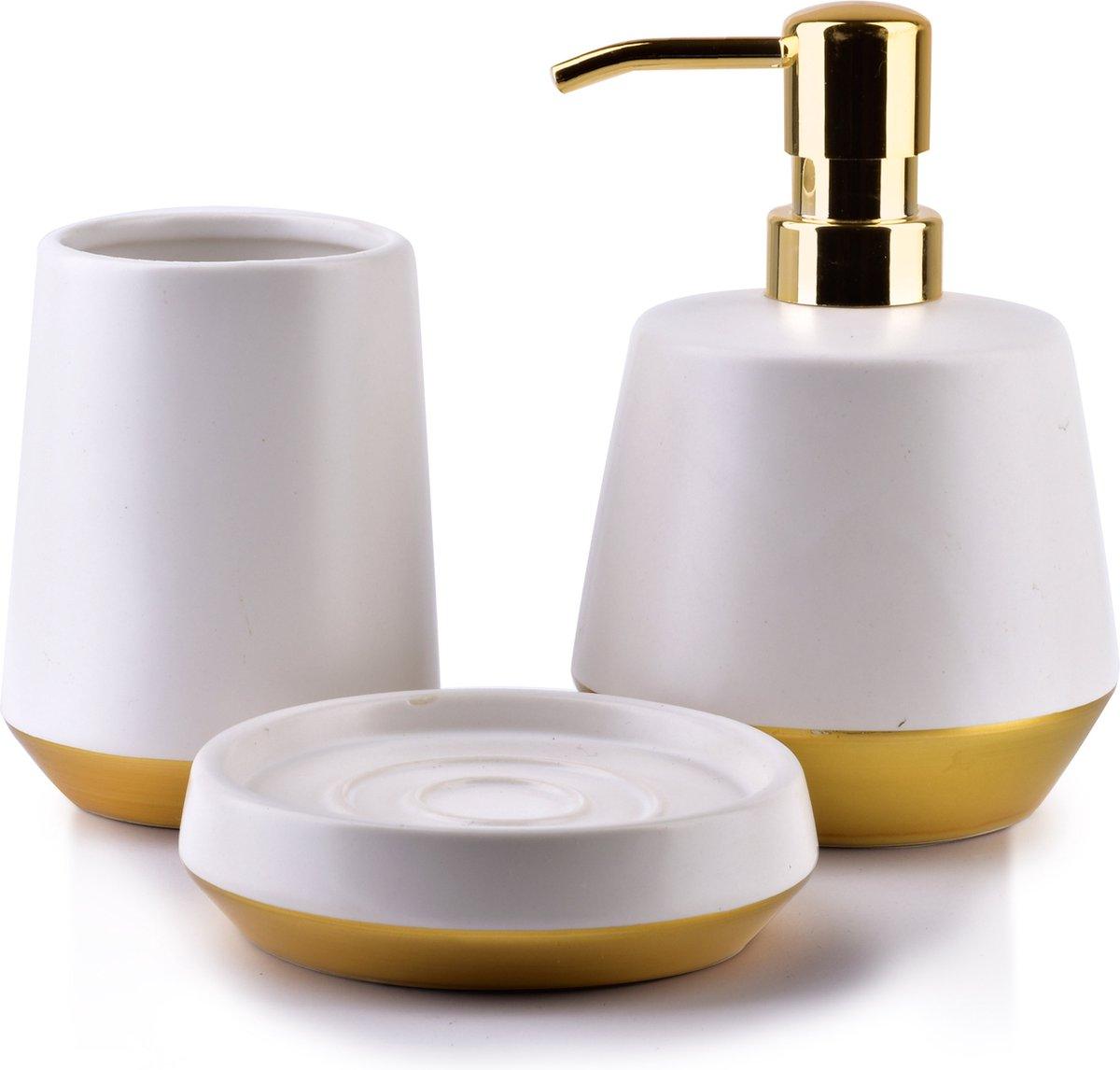 Badaccessoire-Set – Seifenspender, Seifenablage und Becher – Keramik – Weiß Gold – Luxuriöse Badaccessoires – Seprio