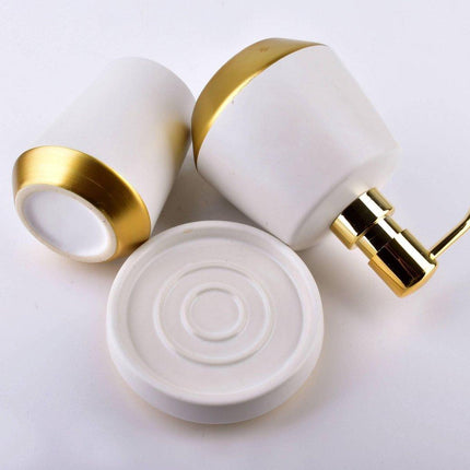 Badkameraccessoire Set - Zeepdispenser, Zeephouder en Beker - Keramiek - Wit Goud - Luxe Badkameraccessoires - Seprio