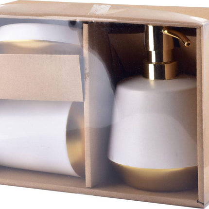 Badkameraccessoire Set - Zeepdispenser, Zeephouder en Beker - Keramiek - Wit Goud - Luxe Badkameraccessoires - Seprio