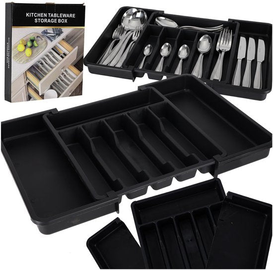 Bestek Organizer Lade - Uitschuifbare Bestekbak - Verstelbare Lade Organizer 33 - 56,5 cm - 8 Vakken - Bestekindeler voor Keukenlade - Zwart - Kunststof Bestekhouder - Seprio
