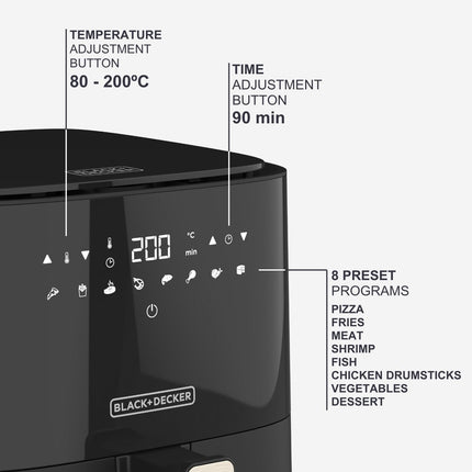 BLACK+DECKER - Airfryer - Heteluchtfriteuse - 5L - 8 Programma's - Antiaanbaklaag - Zwart - 1450W - Seprio