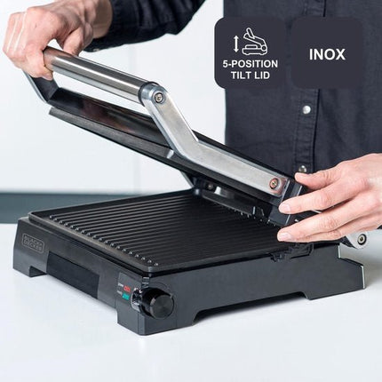 BLACK+DECKER BXGR2200E Grill - 2200W Contactgrill en Grillplaat - Kanteldeksel met 6 Standen - 180° Openklapbaar - 29x23 cm Antiaanbakplaat - PFOA - vrij - RVS Behuizing - Voor Panini, Vlees, Groenten en Vis - Seprio