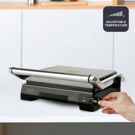 BLACK+DECKER BXGR2200E Grill - 2200W Contactgrill en Grillplaat - Kanteldeksel met 6 Standen - 180° Openklapbaar - 29x23 cm Antiaanbakplaat - PFOA - vrij - RVS Behuizing - Voor Panini, Vlees, Groenten en Vis - Seprio