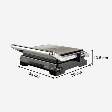 BLACK+DECKER BXGR2200E Grill - 2200W Contactgrill en Grillplaat - Kanteldeksel met 6 Standen - 180° Openklapbaar - 29x23 cm Antiaanbakplaat - PFOA - vrij - RVS Behuizing - Voor Panini, Vlees, Groenten en Vis - Seprio