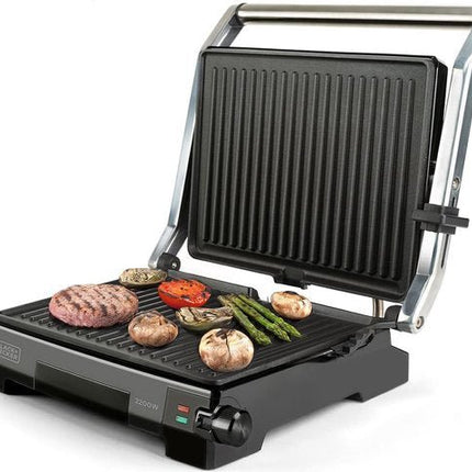 BLACK+DECKER BXGR2200E Grill - 2200W Contactgrill en Grillplaat - Kanteldeksel met 6 Standen - 180° Openklapbaar - 29x23 cm Antiaanbakplaat - PFOA - vrij - RVS Behuizing - Voor Panini, Vlees, Groenten en Vis - Seprio