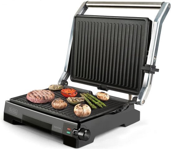 BLACK+DECKER BXGR2200E Grill - 2200W Contactgrill en Grillplaat - Kanteldeksel met 6 Standen - 180° Openklapbaar - 29x23 cm Antiaanbakplaat - PFOA - vrij - RVS Behuizing - Voor Panini, Vlees, Groenten en Vis - Seprio