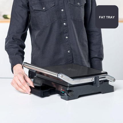 BLACK+DECKER BXGR2200E Grill - 2200W Contactgrill en Grillplaat - Kanteldeksel met 6 Standen - 180° Openklapbaar - 29x23 cm Antiaanbakplaat - PFOA - vrij - RVS Behuizing - Voor Panini, Vlees, Groenten en Vis - Seprio