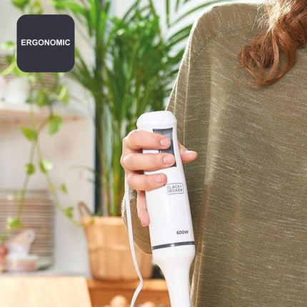 Black+Decker - Handblender BXHB500E 600W | Compact en Ergonomisch Ontwerp | Afneembare Kunststof Staaf | Anti - Spat | Inclusief Maatbeker | Kunststof | Wit - Seprio