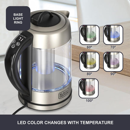 BLACK+DECKER - Waterkoker 1,7L - 2200W - Zwart, Roestvrijstaal, Transparant - LED - Digitale Thermostaat - Seprio