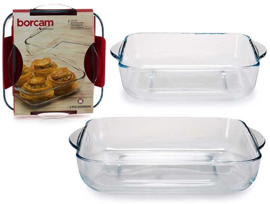 Borcam - Ovenschalen Vierkant met Handvat - Glas - Set van 2 Stuks - 1950 ml + 3200 ml - Seprio