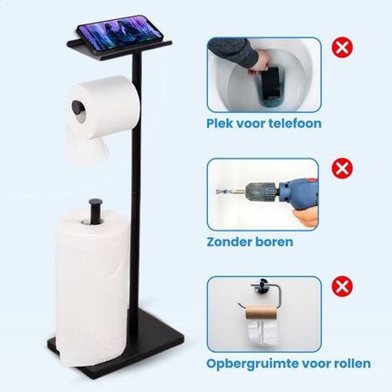 Byamos - Vrijstaande WC Rolhouder – Toiletrolhouder Met Plankje – 618 x 160 x 110 mm – Zwart - WC - Butler - Seprio