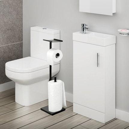 Byamos - Vrijstaande WC Rolhouder – Toiletrolhouder Met Plankje – 618 x 160 x 110 mm – Zwart - WC - Butler - Seprio
