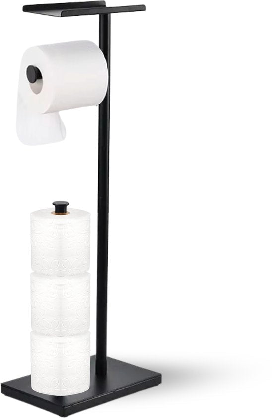 Byamos - Vrijstaande WC Rolhouder – Toiletrolhouder Met Plankje – 618 x 160 x 110 mm – Zwart - WC - Butler - Seprio