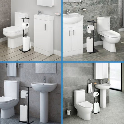 Byamos - Vrijstaande WC Rolhouder – Toiletrolhouder Met Plankje – 618 x 160 x 110 mm – Zwart - WC - Butler - Seprio