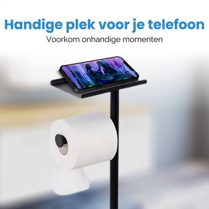 Byamos - Vrijstaande WC Rolhouder – Toiletrolhouder Met Plankje – 618 x 160 x 110 mm – Zwart - WC - Butler - Seprio